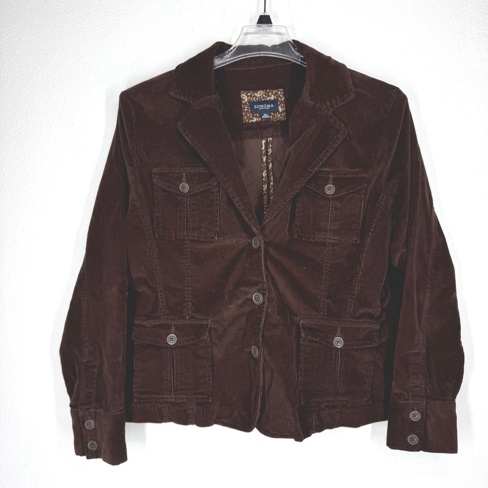 Womens Chocolate Brown Corduroy Utility Blazer Chore Jacket XL Y2K Dark Academia